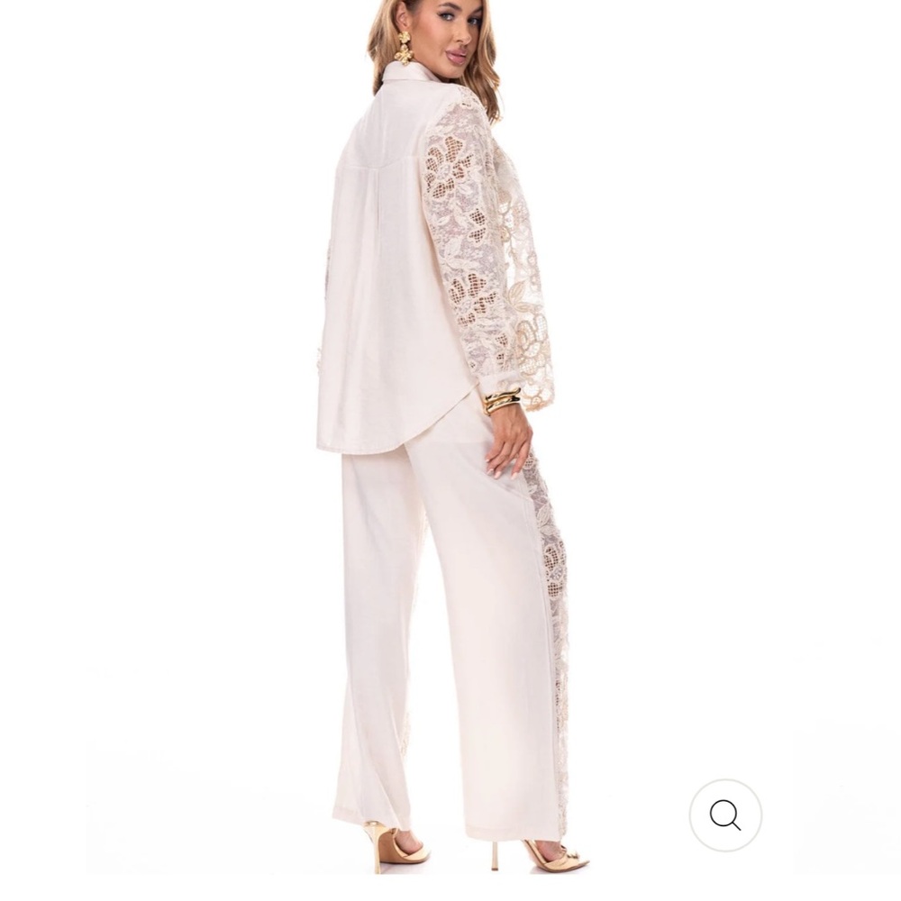 0401. Elegant Lace BLOUSE & ELASTIC WAIST PANTS EMBROIDERY FLORAL 2PC. SET - Picture 2 of 3